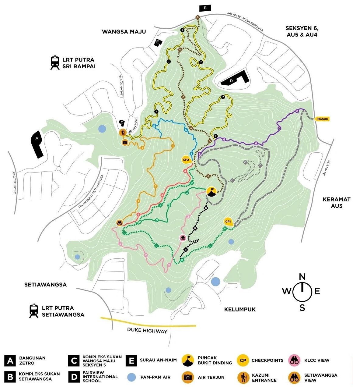 Cropped FoBD signboard map reference showing Bukit Dinding route lines, entrances, checkpoints and peak marker.